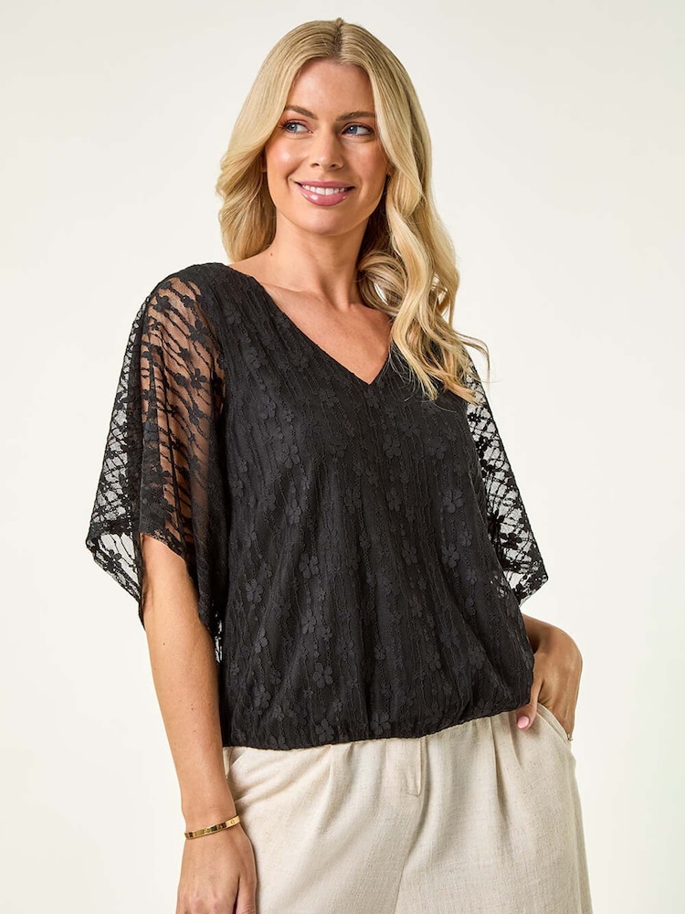 Roman Black Petite Mesh V-Neck Blouse - Image 1 of 5