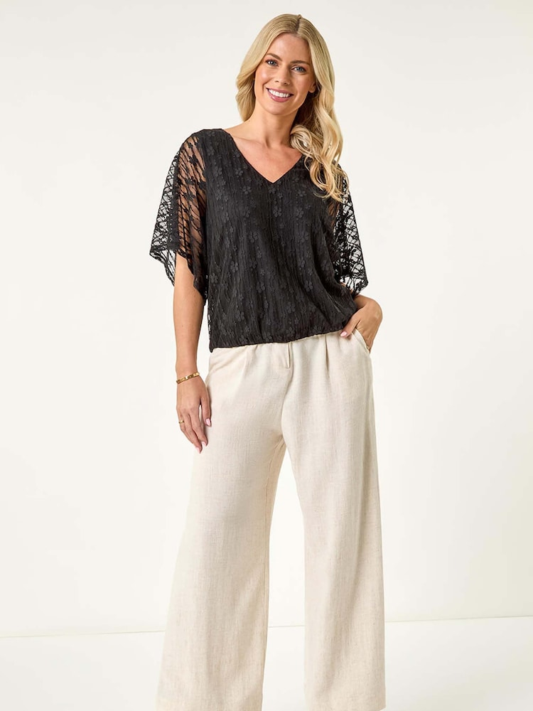 Roman Black Petite Mesh V-Neck Blouse - Image 2 of 5