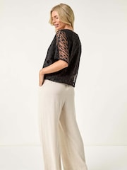 Roman Black Petite Mesh V-Neck Blouse - Image 3 of 5