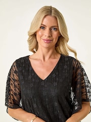 Roman Black Petite Mesh V-Neck Blouse - Image 4 of 5