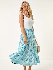 Roman Blue Petite Petite Floral Print Tie Midi Skirt - Image 2 of 5
