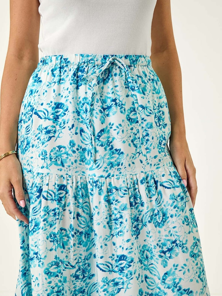 Roman Blue Petite Petite Floral Print Tie Midi Skirt - Image 5 of 5