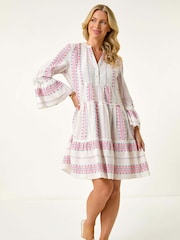 Roman Blue Petite Jacquard Tiered Dress - Image 4 of 5