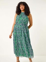 Roman Green/Blue Curve Abstract Print Halter Maxi Dress - Image 1 of 5