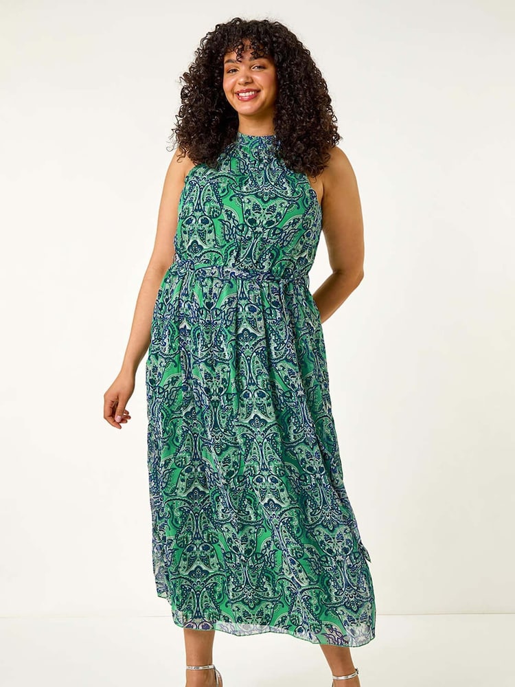 Roman Green/Blue Curve Abstract Print Halter Maxi Dress - Image 1 of 5
