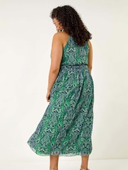 Roman Green/Blue Curve Abstract Print Halter Maxi Dress - Image 2 of 5
