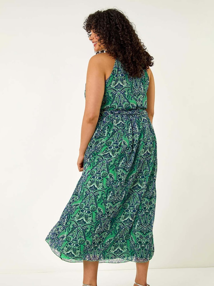 Roman Green/Blue Curve Abstract Print Halter Maxi Dress - Image 2 of 5