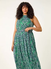 Roman Green/Blue Curve Abstract Print Halter Maxi Dress - Image 3 of 5