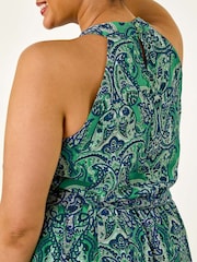Roman Green/Blue Curve Abstract Print Halter Maxi Dress - Image 4 of 5