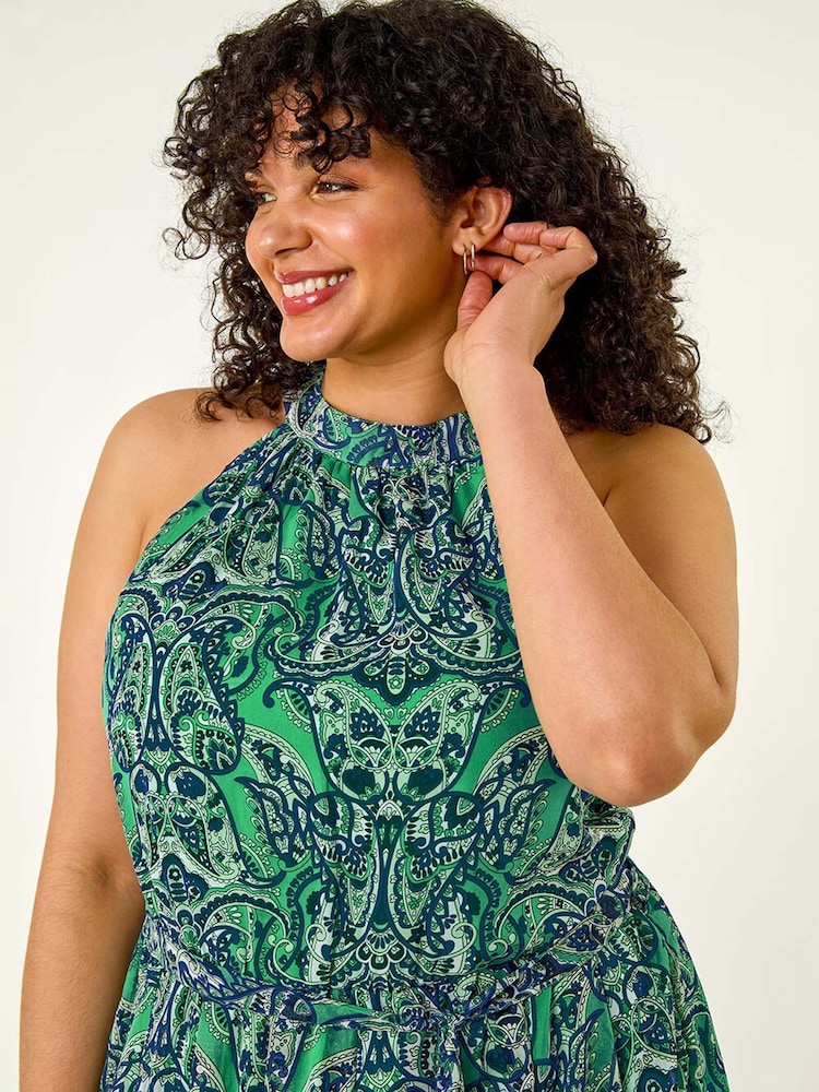Roman Green/Blue Curve Abstract Print Halter Maxi Dress - Image 5 of 5