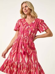 Roman Pink Petite Ikat Print V-Neck Frill Hem Dress - Image 1 of 5