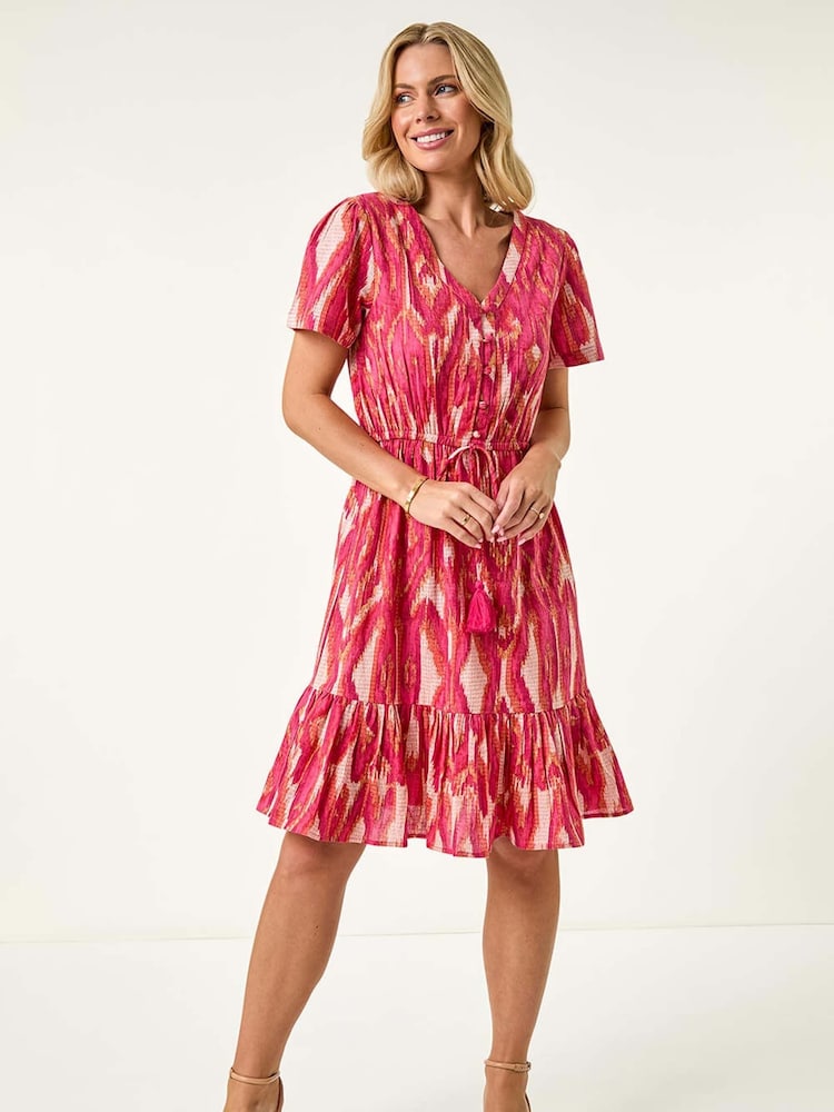 Roman Pink Petite Ikat Print V-Neck Frill Hem Dress - Image 2 of 5
