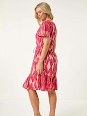 Roman Pink Petite Ikat Print V-Neck Frill Hem Dress - Image 3 of 5