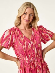 Roman Pink Petite Ikat Print V-Neck Frill Hem Dress - Image 4 of 5