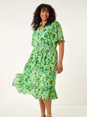 Roman Green Curve Stretch Floral Print Midi Dress - Image 1 of 5