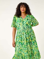 Roman Green Curve Stretch Floral Print Midi Dress - Image 2 of 5