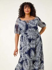 Roman Blue Curve Leaf Print Tie Neck Midi Dress - Image 1 of 5