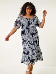 Roman Blue Curve Leaf Print Tie Neck Midi Dress - Image 2 of 5