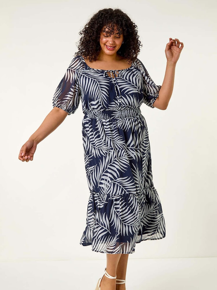 Roman Blue Curve Leaf Print Tie Neck Midi Dress - Image 2 of 5