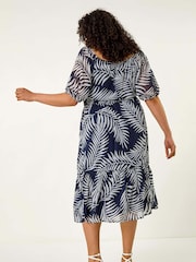 Roman Blue Curve Leaf Print Tie Neck Midi Dress - Image 3 of 5