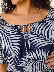 Roman Blue Curve Leaf Print Tie Neck Midi Dress - Image 5 of 5