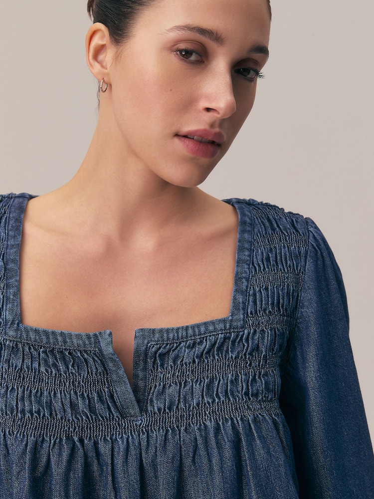 Dark Blue Long Sleeve Shirred Blouse - Image 5 of 5