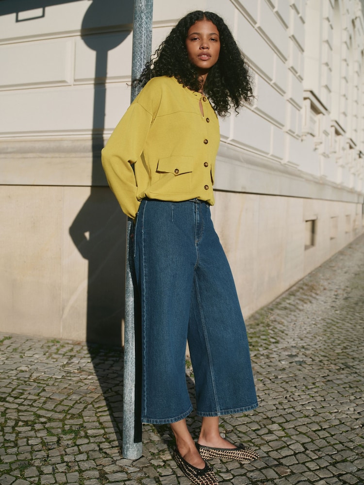 Donkerblauw - Cropped Jeans met Ceintuur en Wijde Pijpen - Afbeelding 1 van 7