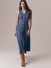 Dunkelblau - Ärmelloses Midikleid aus Denim mit Knopfleiste - Bild 1 von 7