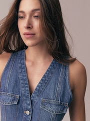 Dunkelblau - Ärmelloses Midikleid aus Denim mit Knopfleiste - Bild 4 von 7