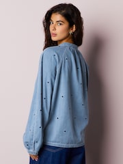 Marineblau, Herz - Denimbluse mit Herzstickerei, V-Ausschnitt und Puffärmeln - Bild 3 von 7