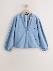 Marineblau, Herz - Denimbluse mit Herzstickerei, V-Ausschnitt und Puffärmeln - Bild 5 von 7