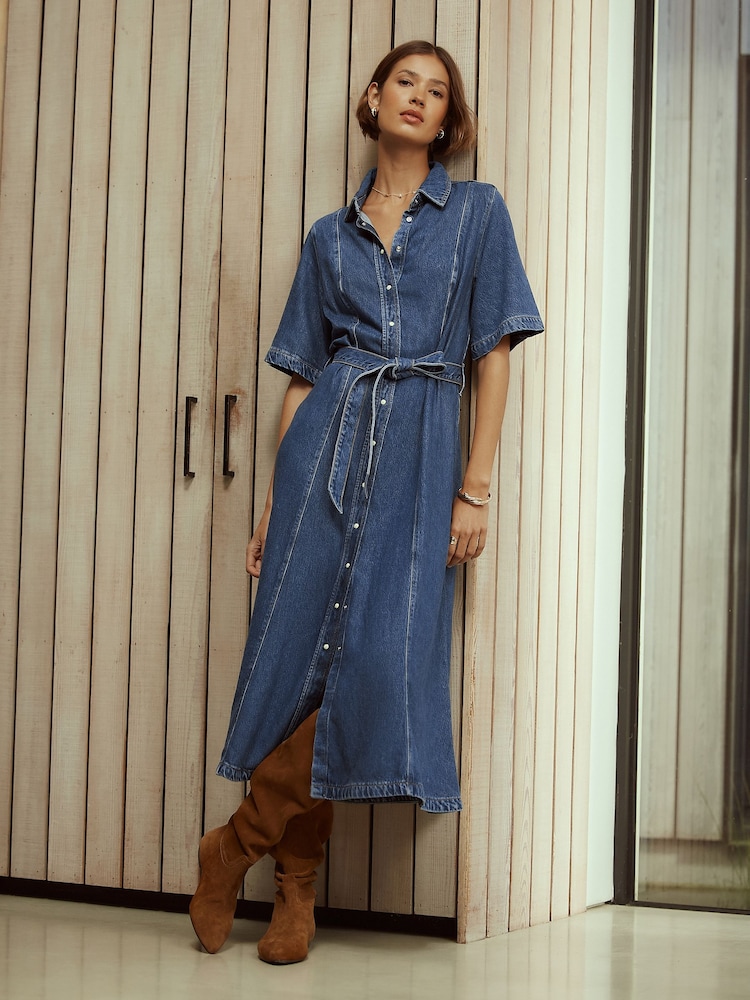 Mittelblau - N. Premium Kurzarm-Maxikleid - Bild 2 von 7