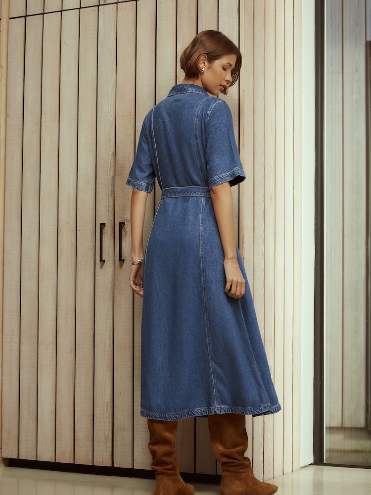 denim maxi dress short sleeve Plus Size Business Casual Work Wear Dress Denim Light Blue Button Shirt Collar Maxi Dress With Pocket