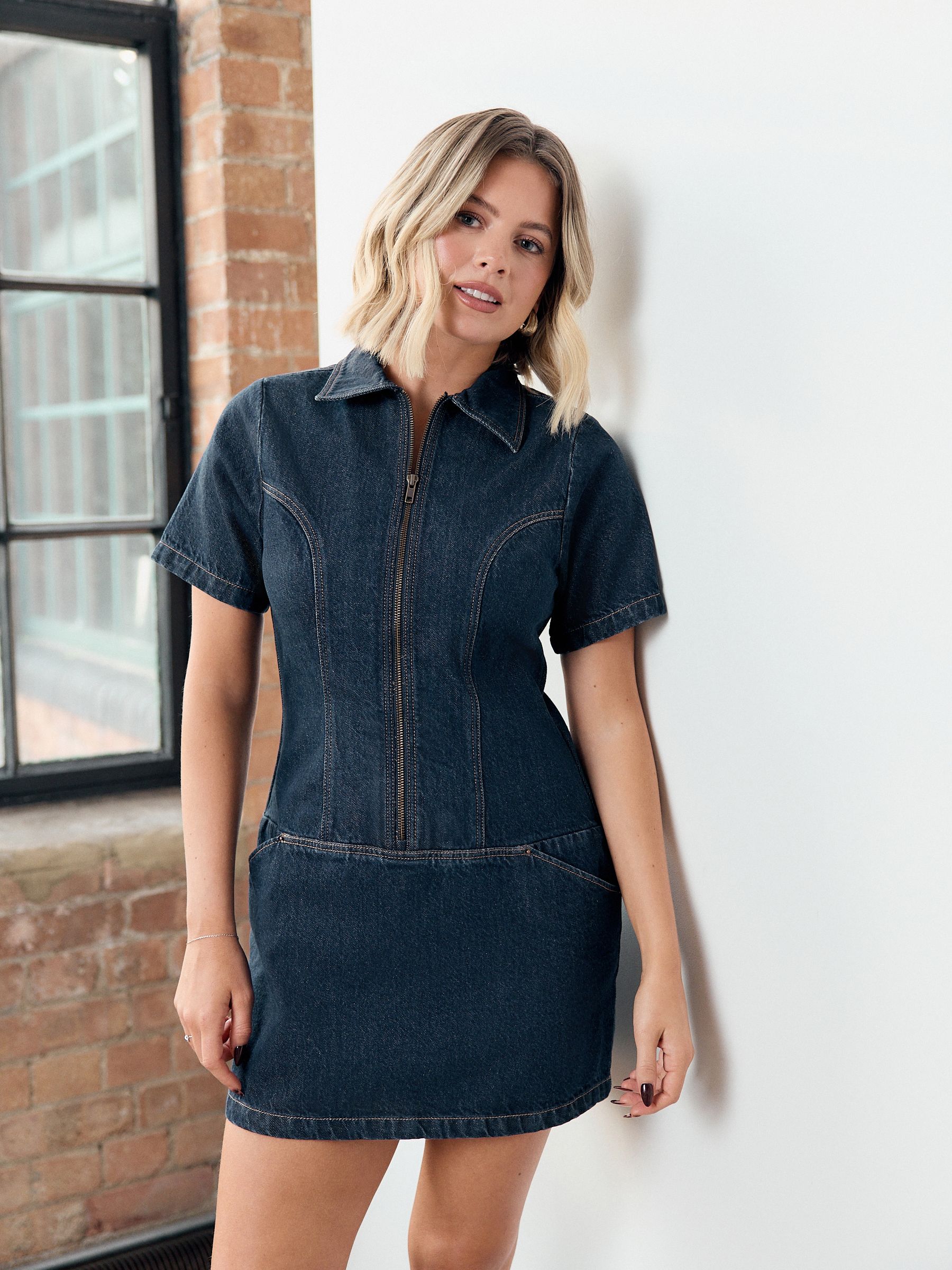 Buy Dark Blue Denim Zip Through Mini Polo Dress from Next USA