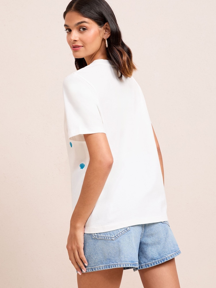 Friends Like These Ivory Shell Crew Neck Embroidered Easy T-Shirt - Image 4 of 4 Friends Like These Ivory Shell Crew Neck Embroidered Easy T-Shirt - Image 4 of 4