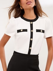 Lipsy Black/White Petite Tipped Military Button Short Sleeve Jumpsuit - Image 2 of 4