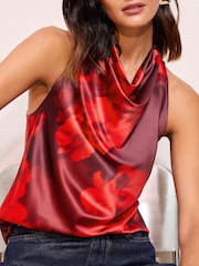 Friends Like These Red Floral Satin Cowl Neck Sleeveless Blouse - Image 1 of 4