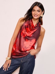 Friends Like These Red Floral Satin Cowl Neck Sleeveless Blouse - Image 3 of 4
