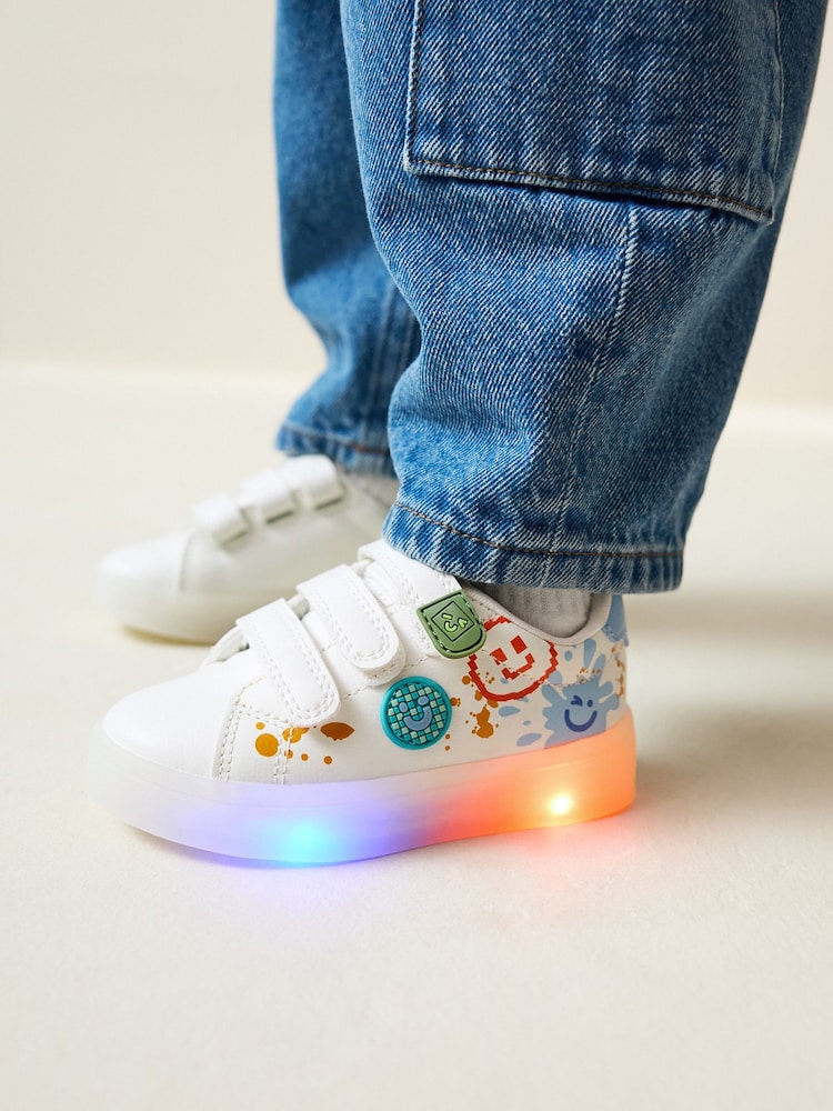 White Happy Face Light Up Touch Fastening Trainers - Image 1 of 8