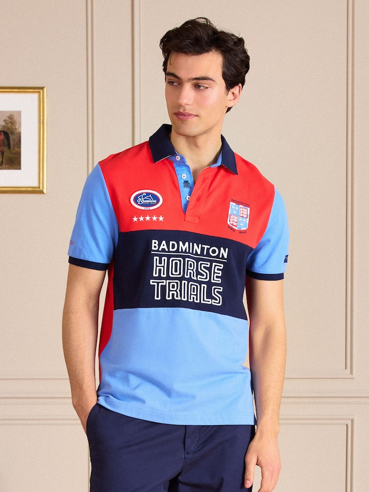 Joules Red & Blue Official Badminton Horse Trials Colourblock Cotton Pique Polo Shirt - Image 1 of 13