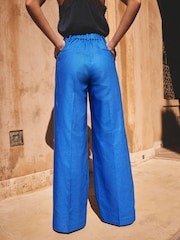 Blue Linen Rich Wide Leg Trousers - Image 4 of 8