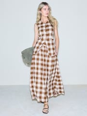 Brown Gingham Linen Rich Full Midi Skirt - Image 1 of 8