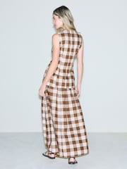 Brown Gingham Linen Rich Full Midi Skirt - Image 3 of 8
