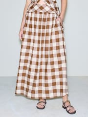 Brown Gingham Linen Rich Full Midi Skirt - Image 4 of 8