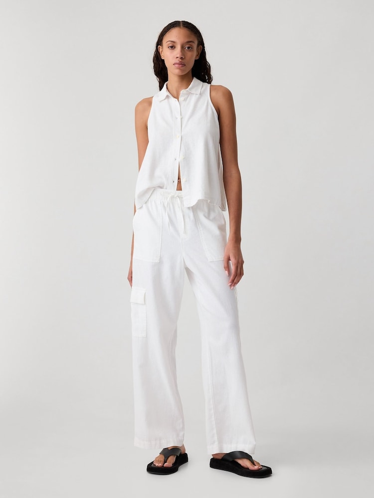 Gap White Linen Blend Wide Leg Cargo Pull On Trousers - Image 1 of 7 Gap White Linen Blend Wide Leg Cargo Pull On Trousers - Image 1 of 7