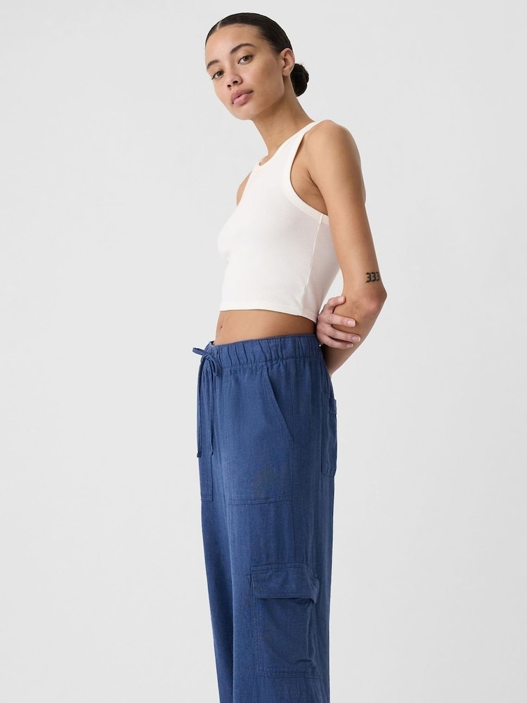 Gap Blue Linen Blend Wide Leg Cargo Pull On Trousers - Image 1 of 5 Gap Blue Linen Blend Wide Leg Cargo Pull On Trousers - Image 1 of 5