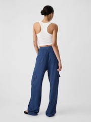Gap Blue Linen Blend Wide Leg Cargo Pull On Trousers - Image 3 of 5