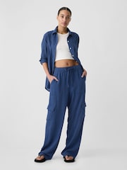 Gap Blue Linen Blend Wide Leg Cargo Pull On Trousers - Image 4 of 5