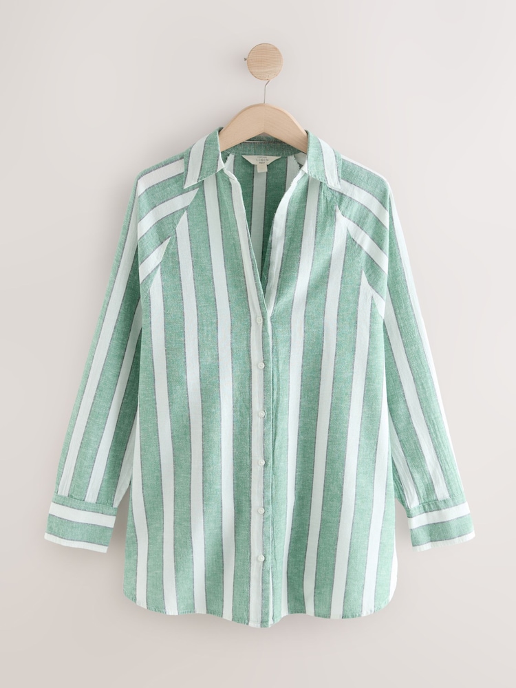 Green/White Summer Shirt With Linen - Image 1 of 3 Green/White Summer Shirt With Linen - Image 1 of 3