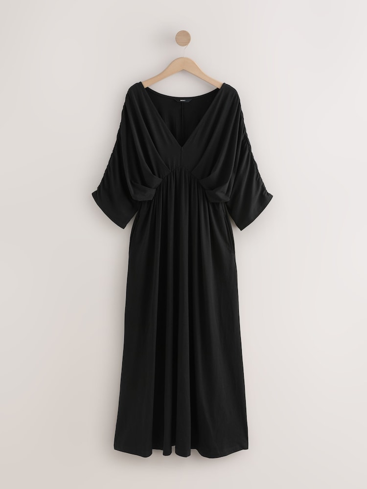 jersey kaftan dress GATHERED VISCOSE JERSEY KAFTAN DRESS IN EMERALD | CULT MIA